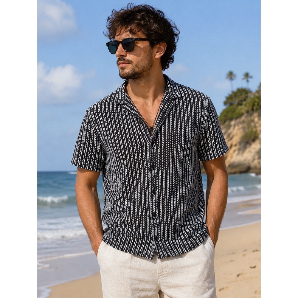 William Rast Men's Short Sleeve Textured Knit Button Up Shirt Medium Black White